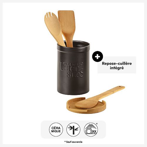 Pot à Ustensiles Couvercle Bambou "naturéo" En Céramique Noir