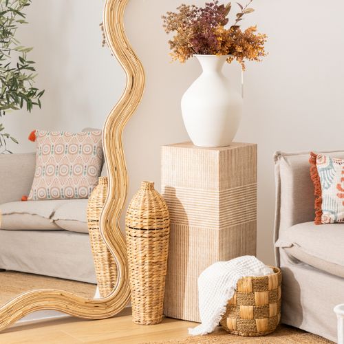 Porte Plante En Bois Gravé Naturel Et Blanc H 70 Cm