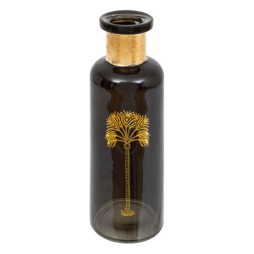 Vase Bouteille En Verre Vert Foncé Motif Palmier Doré H 21.5 Cm