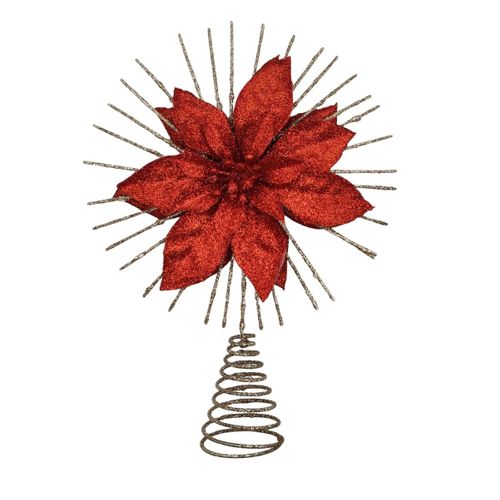 Déco Sapin De Noël Cimier En Métal Doré Pailleté Avec Fleur De Poinsettia