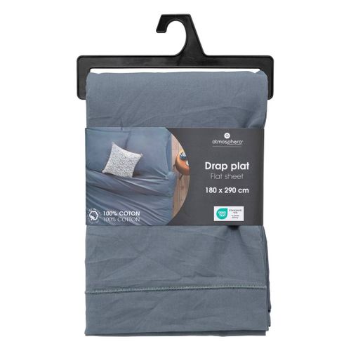 Drap Plat 1 Personne En Coton Bleu Orage 180 X 290 Cm