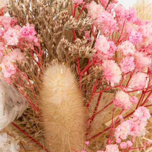 Compo De Fleurs Séchées Dans Une Boule En Verre Sur Support En Bois