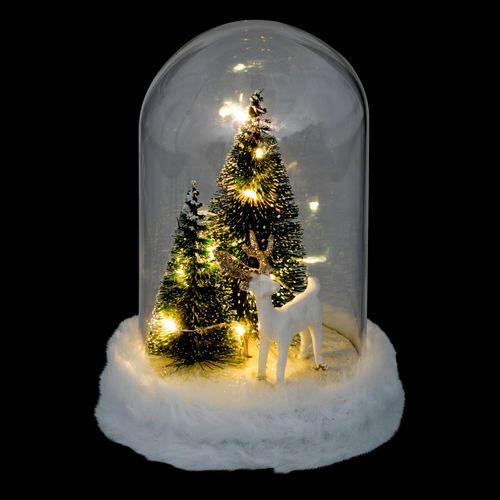 Déco Lumineuse Sous Cloche Renne Et Sapins 10 LED H 21 Cm