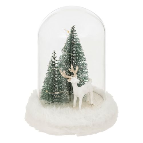 Déco Lumineuse Sous Cloche Renne Et Sapins 10 LED H 21 Cm