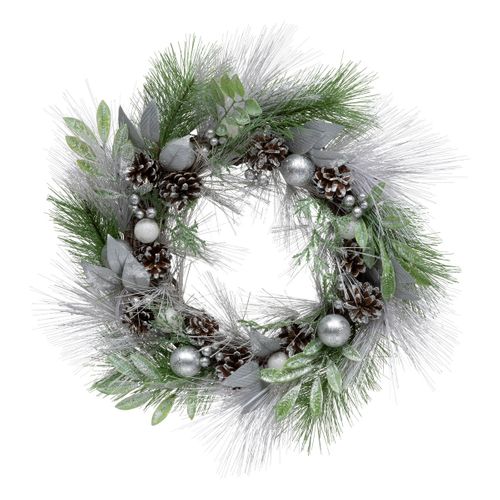Couronne De Noël Déco Vert Argent Effet Givré D 46 Cm