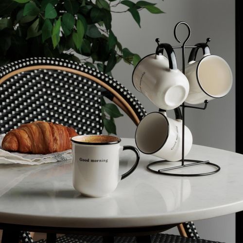Lot De 4 Mugs Sur Rack "alix" 20cl Blanc et Noir