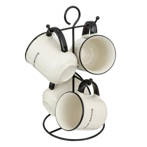 Lot De 4 Mugs Sur Rack "alix" 20cl Blanc et Noir