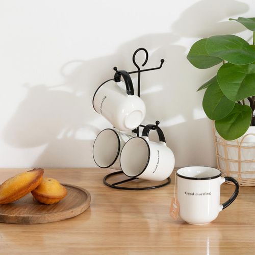 Lot De 4 Mugs Sur Rack "alix" 20cl Blanc et Noir