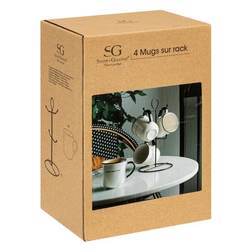Lot De 4 Mugs Sur Rack "alix" 20cl Blanc et Noir