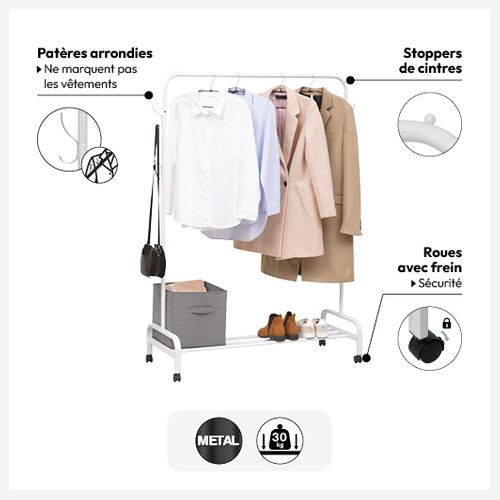 Portant à Vêtement En Métal Blanc Avec Patères - Blanc