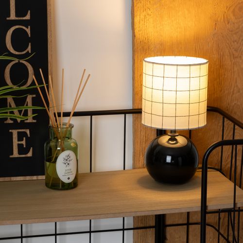 Lampe En Céramique Pied Boule Noir et Abat-jour Motif Carreau