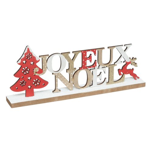 Objet Déco Joyeux Noël En Bois Avec Un Sapin Rouge L 34 Cm