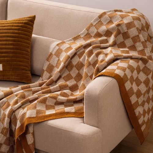 Plaid Tricot Motif Damier Tufté Jaune Ocre 130 X 180 Cm