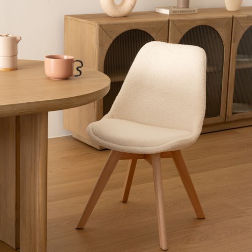 Chaise De Table Tissu Blanc à Bouclettes Et Pieds En Bois