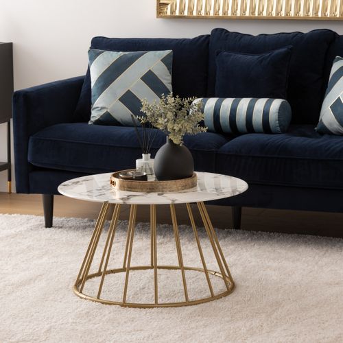 Table Basse Ronde En Verre Trempé Aspect Marbre Blanc D. 70 X H. 40 Cm