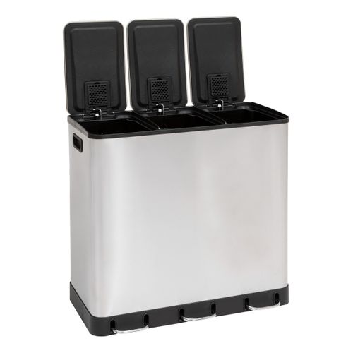 Poubelle De Tri Sélectif En Inox 3 Bacs De 18 Litres Ouverture à Pédale