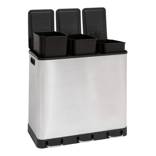 Poubelle De Tri Sélectif En Inox 3 Bacs De 18 Litres Ouverture à Pédale