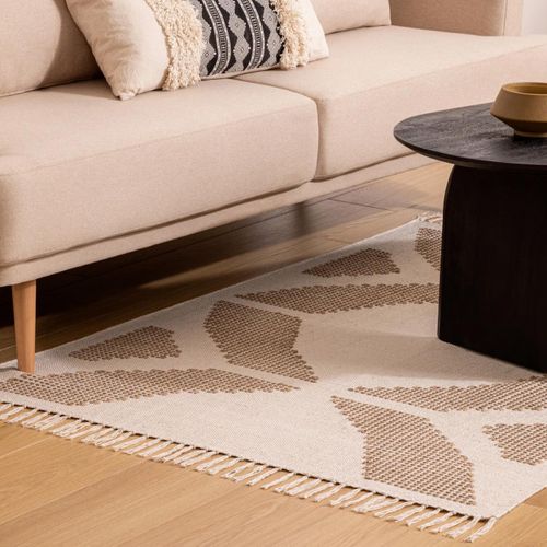 Tapis Décoratif Blanc Ivoire Et Beige Lin Motif En Relief Brodé 120 X 170 Cm