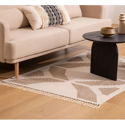Tapis Décoratif Blanc Ivoire Et Beige Lin Motif En Relief Brodé 120 X 170 Cm