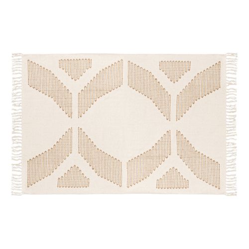 Tapis Décoratif Blanc Ivoire Et Beige Lin Motif En Relief Brodé 120 X 170 Cm