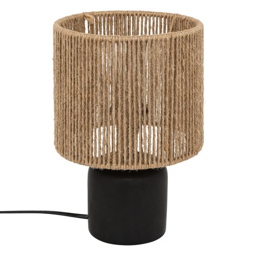 Lampe à Poser En Céramique Noir Mat Et Abat-jour En Corde Beige