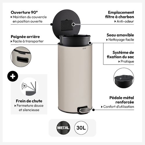 Poubelle Ronde 30 Litres En Métal Beige Argile