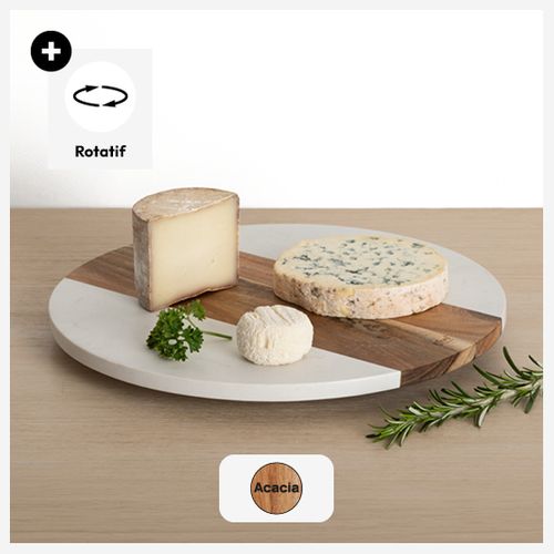 Plateau Tournant En Marbre Blanc Et Bois D'acacia D 35 Cm