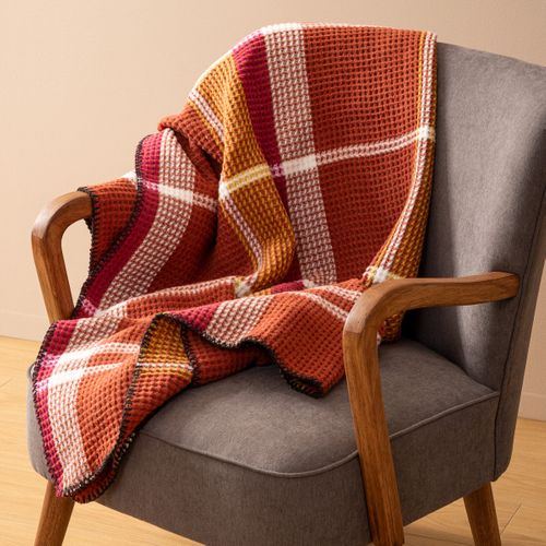Plaid Nid D'abeille Motif Tartant Terracotta 130 X 180 Cm