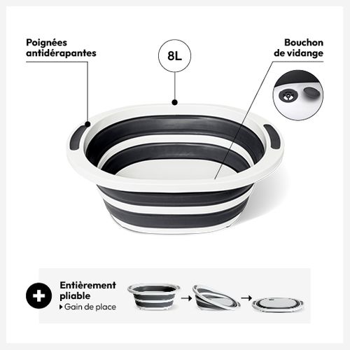 Bassine "retractable" 8l Avec Bouchon De Vidange Gris Et Blanc