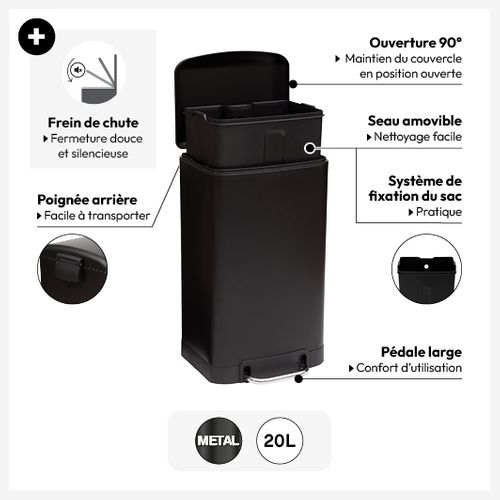 Poubelle 20 Litres  En Métal Noir Ouverture à Pédale