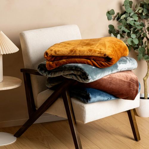 Plaid Flanelle Fourrure Jaune Moutarde 130 X 180 Cm