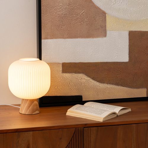 Lampe à Poser Travis 25 Cm Verre Blanc Et Bois Atmosphera