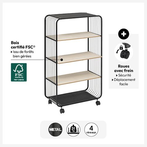 Étagère à Roulettes 4 Niveaux Métal Et Bois 5five