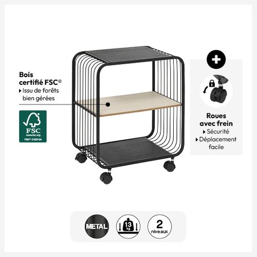Étagère à Roulettes 2 Niveaux Métal Et Bois 5five
