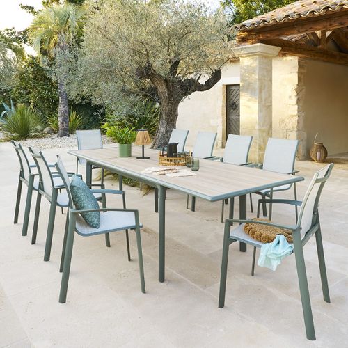 Table De Jardin "dilors" Effet Bois Lin et Vert Laurier 10 Places En Aluminium