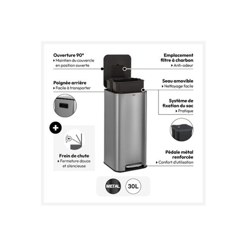 Poubelle 30 Litres En Métal Argent Ouverture à Pédale