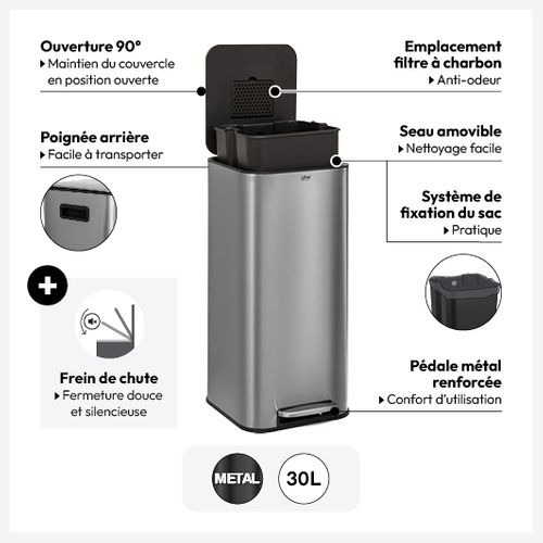 Poubelle 30 Litres En Métal Argent Ouverture à Pédale