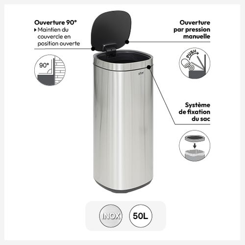 Poubelle Haute En Acier Inox 50 Litres Ouverture Par Pression