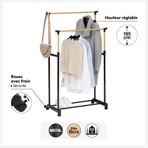 Portant à Vêtements Double En Métal Effet Bois Extensible En Hauteur H 165 Cm