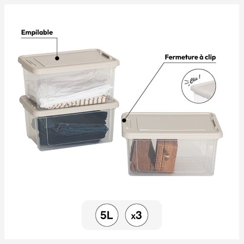 Lot De 3 Boîtes De Rangement Avec Fermeture à Clip 5l