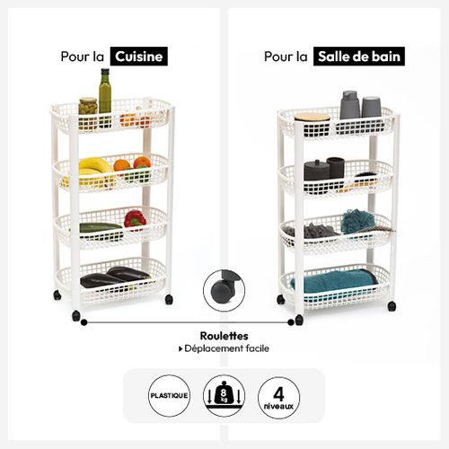 Desserte Roulante Resserre 4 Paniers Blanc H 79 Cm