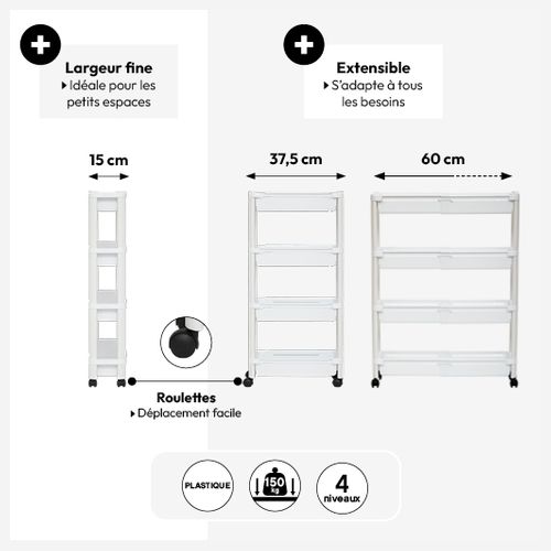 Desserte Roulante Extensible Resserre 4 Paniers Blanc H 78.5 Cm