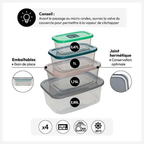 Lot De 4 Boîtes De Conservation Avec Valves Micro-ondes
