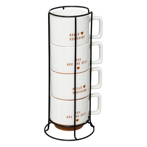 Lot De 4 Mugs Sur Rack "hello" 30cl Blanc