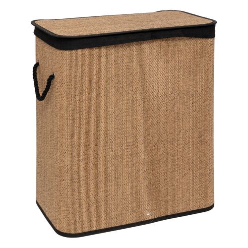 Panier à Linge 100l En Bambou Et Tissu Noir Avec 2 Compartiments H 63 Cm