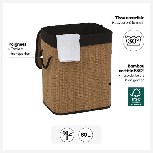 Panier à Linge 100l En Bambou Et Tissu Noir Avec 2 Compartiments H 63 Cm
