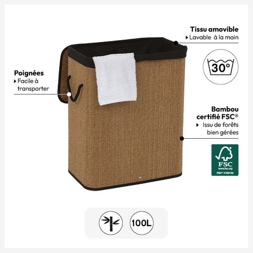Panier à Linge 60l En Bambou Et Tissu Noir H 50 Cm