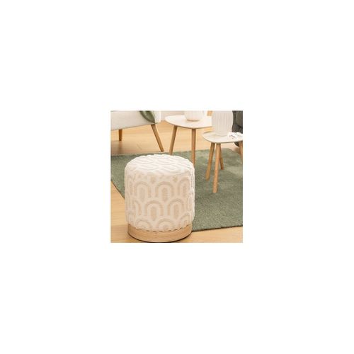 Pouf En Tissu Blanc Tufté Et Pied En Bois
