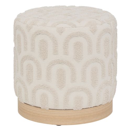 Pouf En Tissu Blanc Tufté Et Pied En Bois