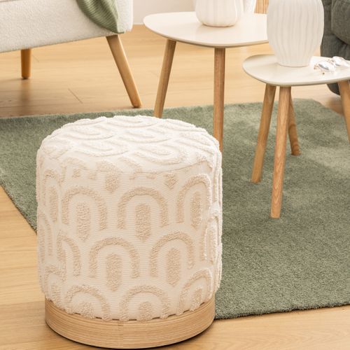 Pouf En Tissu Blanc Tufté Et Pied En Bois